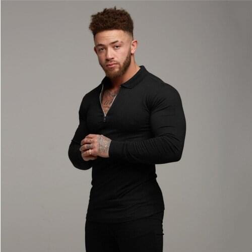 Running Polo Shirt Men Solid Color Gym Fitness Rashguard Cotton Long Sleeve T-Shirt Brand Bodybuilding Workout Tee Shirts