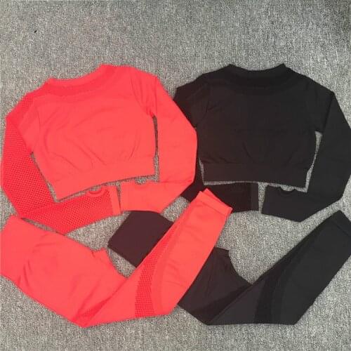 Yoga Set Women Long Sleeve Crop Sport Top Seamless Hollow Out High Waist Leggings Gym Clothes 2 Piece Fitness Workout Yoga Suit