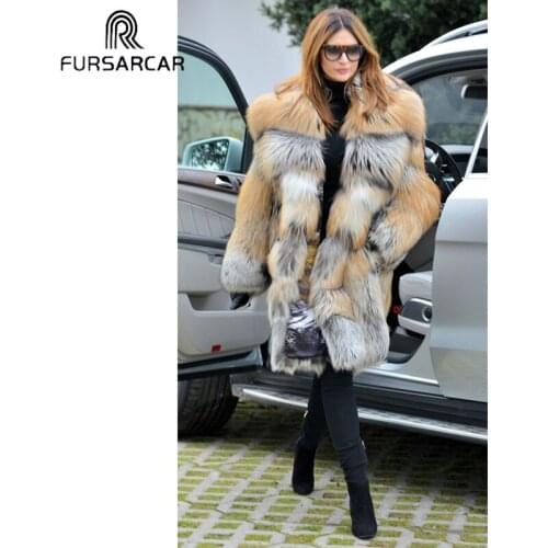 FURSARCAR 2021 New Fashion Genuine Natural Cross Fox Fur Coat With Turn Down Collar For Women Luxurious Winter Outerwear Jacket