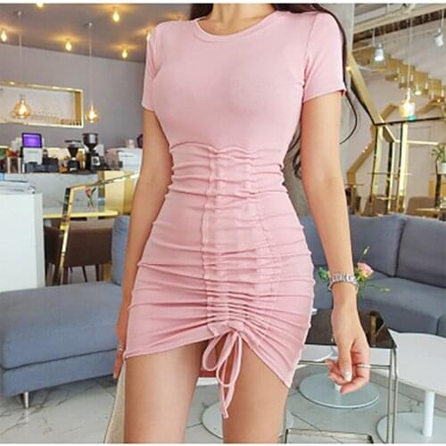 New Summer 2020 Womens Pink Dress Round Neck Package Buttocks Short Sleeves Draw String Fold Super Short Pencil Sexy