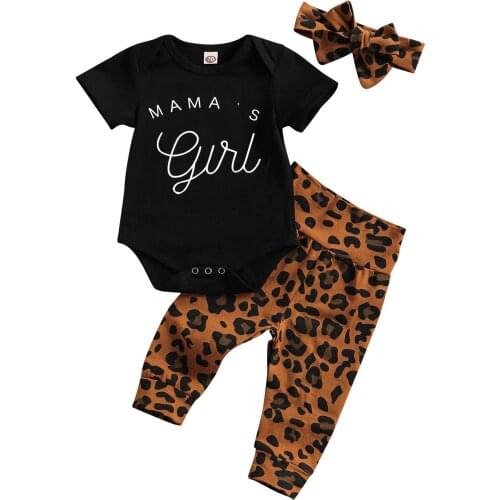 Newborn Baby Girl’s Clothes Special Letter Long Sleeve Romper and Leopard Long Pants with Headband
