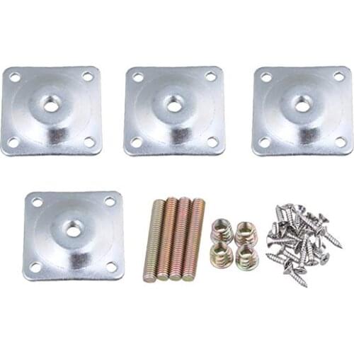 Iron Soft Table Chair Feet Attachment Plates Silver Furniture Leg Mounting Plates with Hanger Bolts Adapters 48x48mm 4PCS