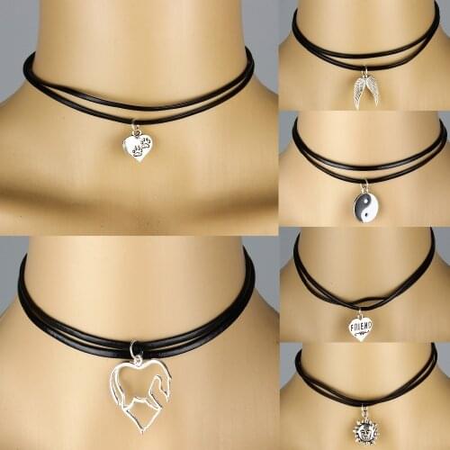 Horse Paws Cat Footprint Yin Yang Pendant Two Layered Leather Chain Choker Necklace Punk Charm Women girl Jewelry Best Friend