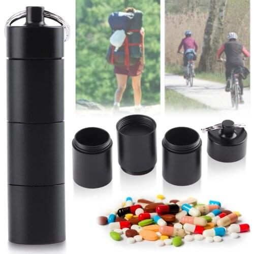 Portable Waterproof Outdoor Medicine Pill Container Aluminum Case Keychain with 6 Rubber Rings Black Pill Box Splitters