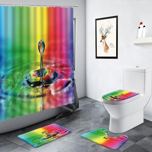 3D Luxury Rainbow Shower Curtain Creative Water Drop Design Home Decor Bathroom Carpet Non-slip Door Pad Toilet Rug Bath Mat Set