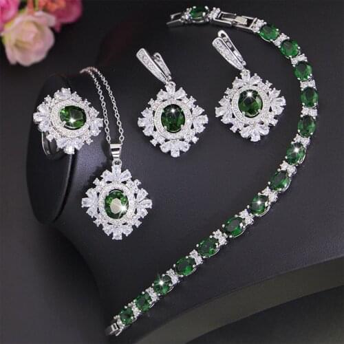 Funmode 4pcs Luxury Wedding Green Cubic Zircon Bridal Link Chain Necklace Jewelry Sets For Women Accessories Wholesale FS104