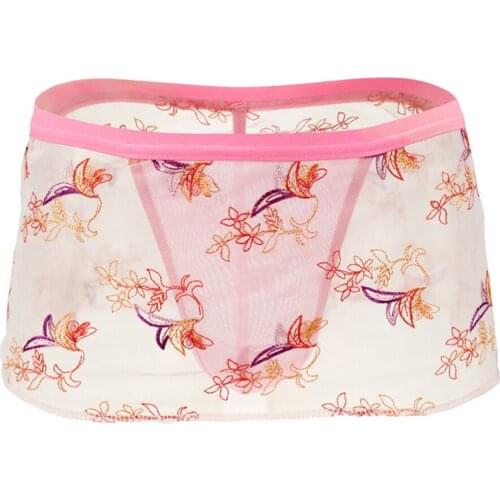 Sexy Underwear Mens Pink Gauze Print Transparent Thongs G-String With Skirt Design Sissy Underpants ZJH1004-4
