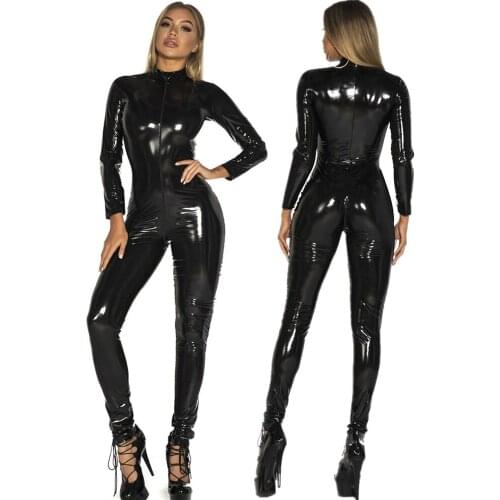 Sexy Lingerie Female Faux Leather Catsuit Stretch Erotic Crotchless Latex Bodysuit Front Zipper Open Crotch Jumpsuit