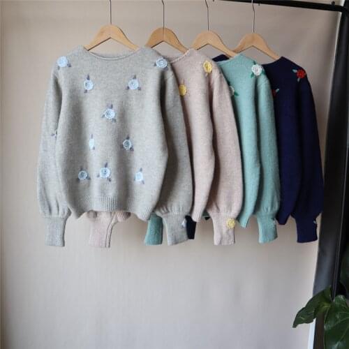 Women Sweater Casual Knitted Sweater O-Neck Long SleevePrint Floral Pullover Sweater Wool Pull Femme 2020