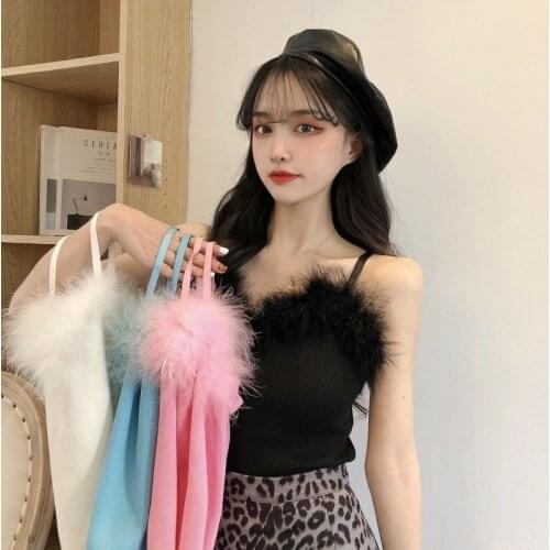 Women Corset Tops Spaghetti Straps Knitted Vest Womens 2021 Summer Fur Patchwork Top Tank Camis Crop Top For Women