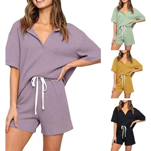 Womens Summer New Striped Knitted Suit V-neck Solid Short Sleeve Shorts Jogging Sports Leisure Suit Quick Dry Two Piece Set