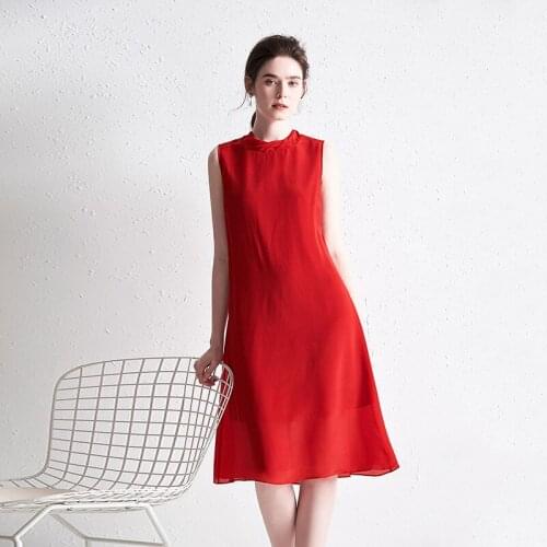 100% Mulberry Silk Dress 2021 Summer New Slimming Fashion Show Thin Super Simple Red A-Line Dresses FSZ-19027