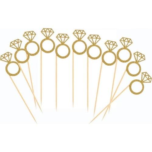 50 Pack Cupcake Toppers Gold Glitter Mini Diamond Ring Cakes Toppers for Marriage Engagement Anniversary Birthday Valentines Par