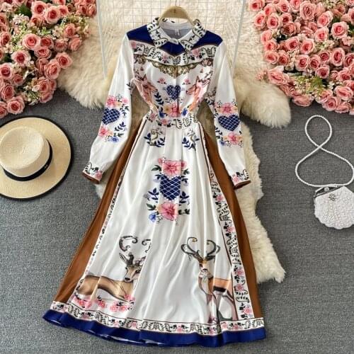 Banulin Designer Runway Spring Midi Dress Vintage Printed Long Sleeve Office Work OL Elegant Shirt Dresses Women Clothes N68964