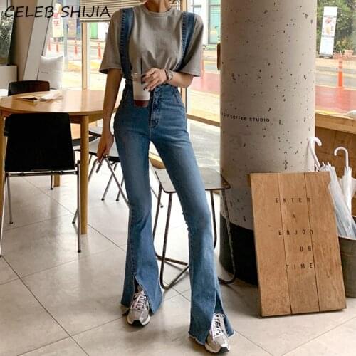 Overalls Elastic Jeans Woman High Waist Flare Pants Female Summer Korean Y2k Denim Pants Vintage Blue Mom Split Jeans Woman