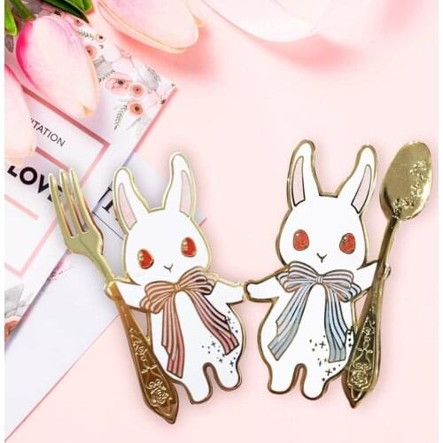 Kawaii Magic Bunny Hard Enamel Pin Fashion Cartoon Fork Pink Rabbits and Spoon Blue Rabbit Pastel Brooch Foodie Jewelry Gift