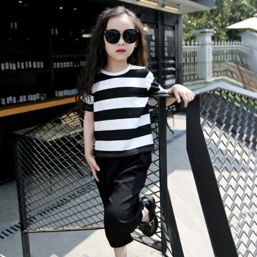 Teenage Girls Clothing Set Summer Children Kids O-Neck White Striped T Shirts + Wide Leg Pant Suits Baby Girls Boutique Outfits