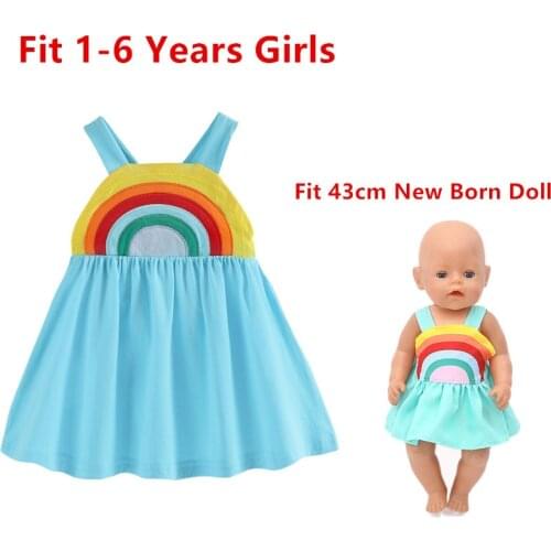 Doll and Girl Matching Embroidery Rainbow Blue Princess Dress for Girls and 18" American Dolls Clothes