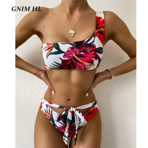 GNIM One Shoulder Bikini Swimwear Women Push Up 2020 Summer Bandage Print Bather Suit Women Two Piece Beachwear Swimsuit Biquini