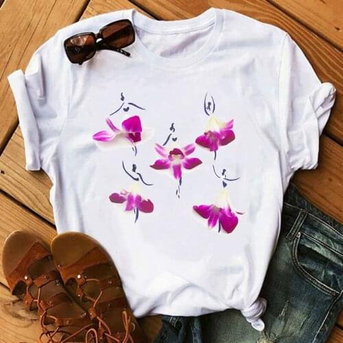 Maycaur New Hot Kawaii Ladies Tshirts Flower Ballet Girl Print Short Sleeve T Shirt Women Tops Female Tee Summer Women T-shirts