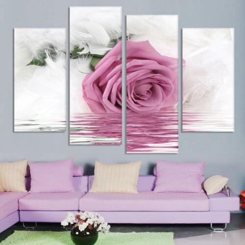 Printed Wall Canvas Art Frame Kitchen Restaurant Decor 4 Pieces Feather Pink Rose Flower Water Living Room HD Posters Pictures
