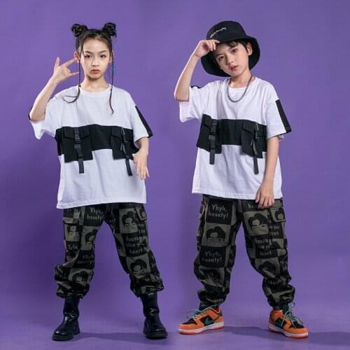 Hip Hop Dance Clothing for Girls Clothes Ballroom Dance Wear Boys Jazz Dance Costume Kids Short Sleeve Top Cool Overalls XS1768