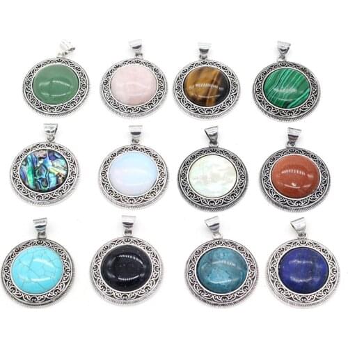 Natural Stone Abalone Shell Charms Round Lapis Lazuli Tiger Eye Pendant for Jewelry Making DIY Necklace Accessories Size 38x42mm