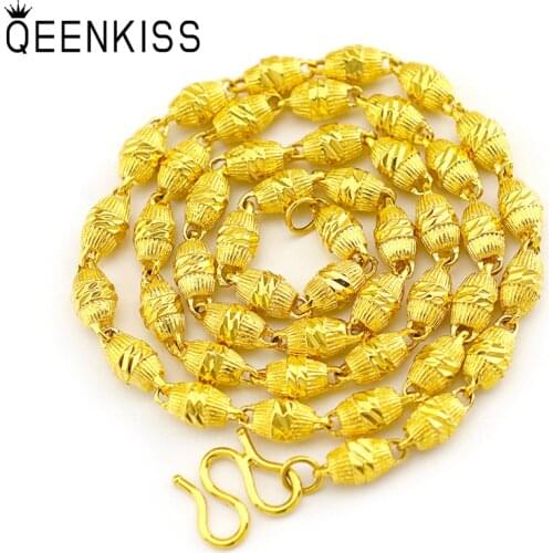 QEENKISS NC522 2021 Fine Jewelry Wholesale Fashion Man Boy Birthday Wedding Gift Solid Olive Beads 60CM 24KT Gold Chain Necklace