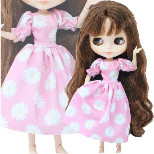 Handmade 1 Pcs Pink Daisy Flower Pattern Dress Casual Outfit Daily Wear Accessories Clothes for Blythe Doll 11.5 Inch Girls Toy