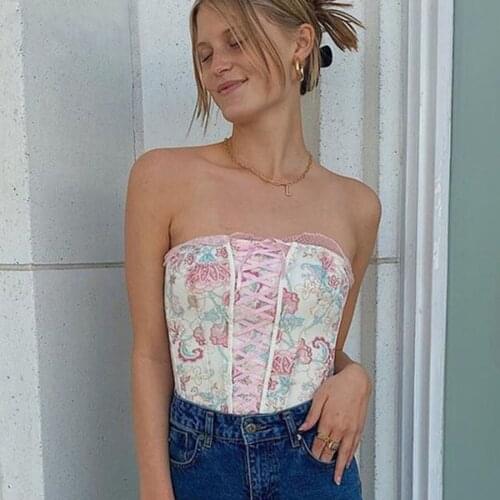 SEASONS Bandage Lace Crop Top Women Print Sleeveless Corset Fashion Sexy Elegant Party Clubwear Summer Vest Outfits ASVE83022
