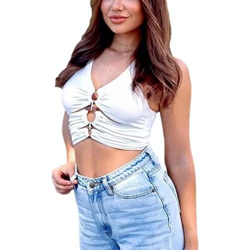 Summer Womens Casual Cutout Tanks Tops Sexy V-Neck Sleeveless Solid Color Ring Front Ruched Crop Tops
