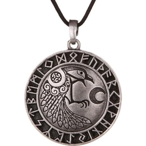 Vintage Nordic Odins Raven Moon Pendant Necklace Retro Viking Rune Crow Amulet Mens Jewelry