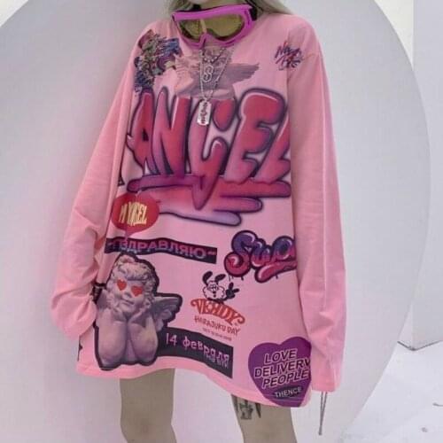 QWEEK Y2k Aesthetic Woman Tshirts 2020 Angel Print Tops Long Sleeve Harajuku Femme T-shirts Fashion Streetwear Women Clothing