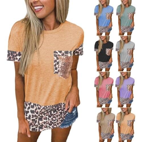 2021 European and American summer womens leopard pattern stitching pocket round neck short sleeve T-shirt