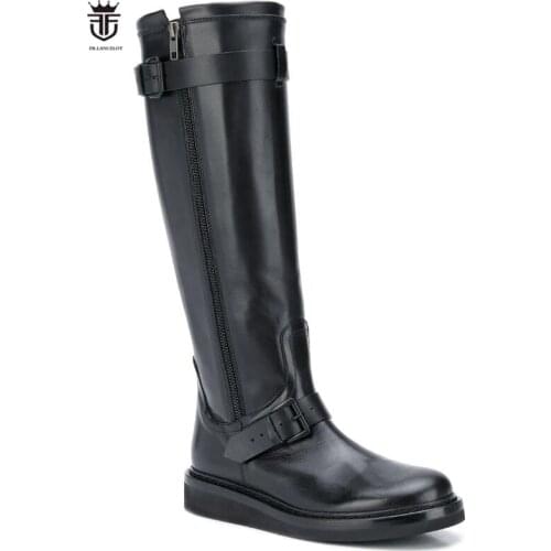 FR.LANCELOT 2020 New black leather boot point toe knee high boots square buckle mujer botas party shoes men thick heel