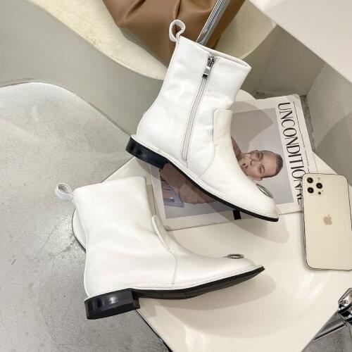 2021 Western Boots Woman High Heel Mid Calf Boots Block Heel Shoes Pointed Toe Female Boots Autumn Winter White Big Size 46