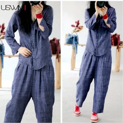 Women Two Piece Outfits Spring Summer Retro Leisure Single Breasted Elastic Waist Comfort Pockets 2 Piece Set Women