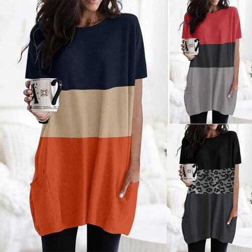 Women Casual Loose Dress With Pockets Fashion O Neck Short Sleeve Patchwork Long Tops Female Street Plus Size T-shirt Dress
