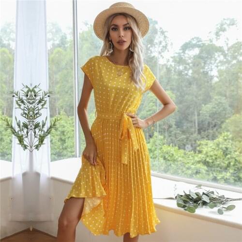 Ladies Vintage Maxi Polka Dot Print Summer Dress Women Elegant Casual Office Lady Bandage Pleated Women Dress Female Vestidos