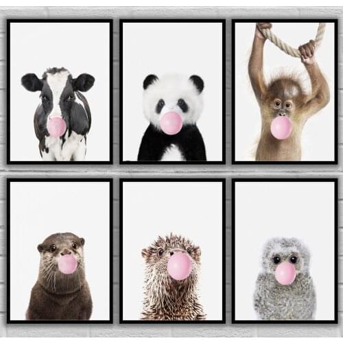 Bubble Chewing Gum Giraffe Nursery Cow Nursery Panda Bear Orang Utan Otter Owl Posters Canvas Art Painting Wall Art