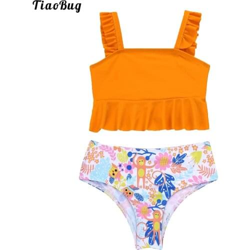 TiaoBug Kids Girls 2Pcs Summer Print Swimwear Swimsuit Square Neck Fly Sleeve Ruffle Crop Top Bottom Bathing Beach Pool Bikini
