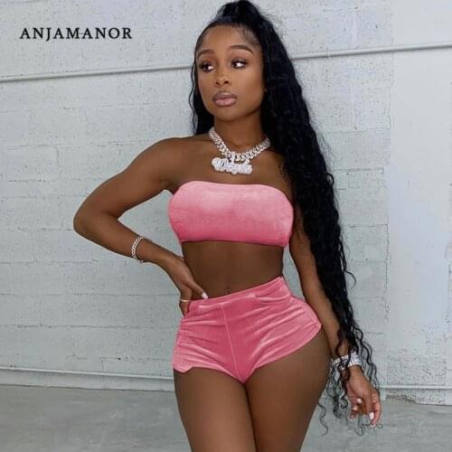 ANJAMANOR Sexy Solid Velvet Two Piece Shorts Sets Tracksuit Summer Clothes for Womens Outfits Bulk Items Wholesale Lots D90BH19
