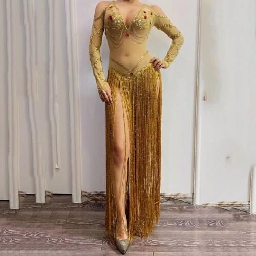 Jazz Costume Gold Rhinestones Long Fringe Transparent Mesh Bodysuit Bar DS Dance Clothes Women Birthday Celebrate Outfit DT1930