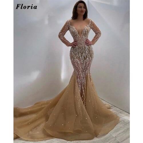 Floria Elegant Appliques Evening Dresses For Weddings 2021 Saudi Arabia Prom Dresses Pearls Celebrity Party Vestidos De Festa