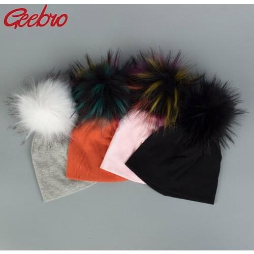 Geebro Soft Cotton Faux Fur Pompom Beanies Hats For Newborn Baby Boys Girls Autumn Winter Kids Infants Toddler Baby Hats