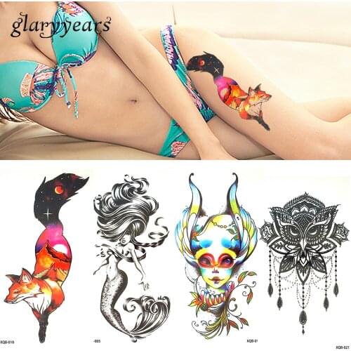 [ glaryyears ] 41 Designs 1 Sheet XQB Half Arm Leg Colored Drawing Body Tattoo Temporary Sticker Fox Beauty Women Tattoo Art Hot