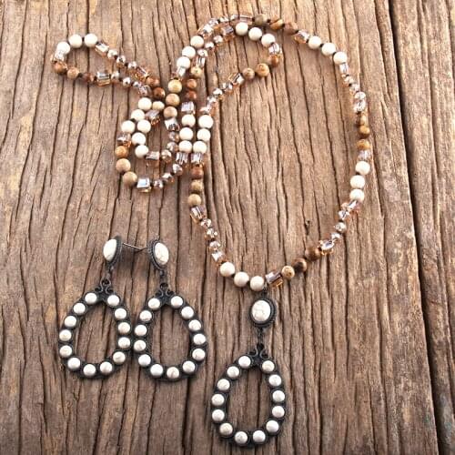 MD Fashion Boho Jewelry Set Stone & Glass Long Knotted Blue White Drop Necklace Earring Set Women Gift Dropship