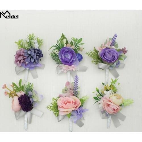 Meldel Boutonniere Flower Wedding Corsage Men Boutonniere Girl Wrist Corsage Bridesmaid Bracelet Wedding Flower Pink Purple Rose