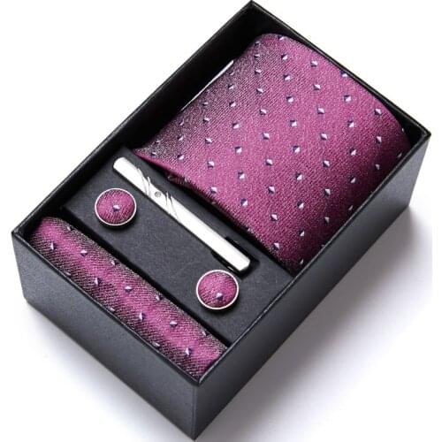 New Gift Box Designer Tie Set For Men Fashion Pink Necktie Handkerchief Cufflinks&Pin Mens Classic Striped Cravate