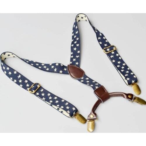 2.5cm quality suspender for kids dark blue jacquard star braces toddler elastic suspenders with genuine leather tabs Unisex